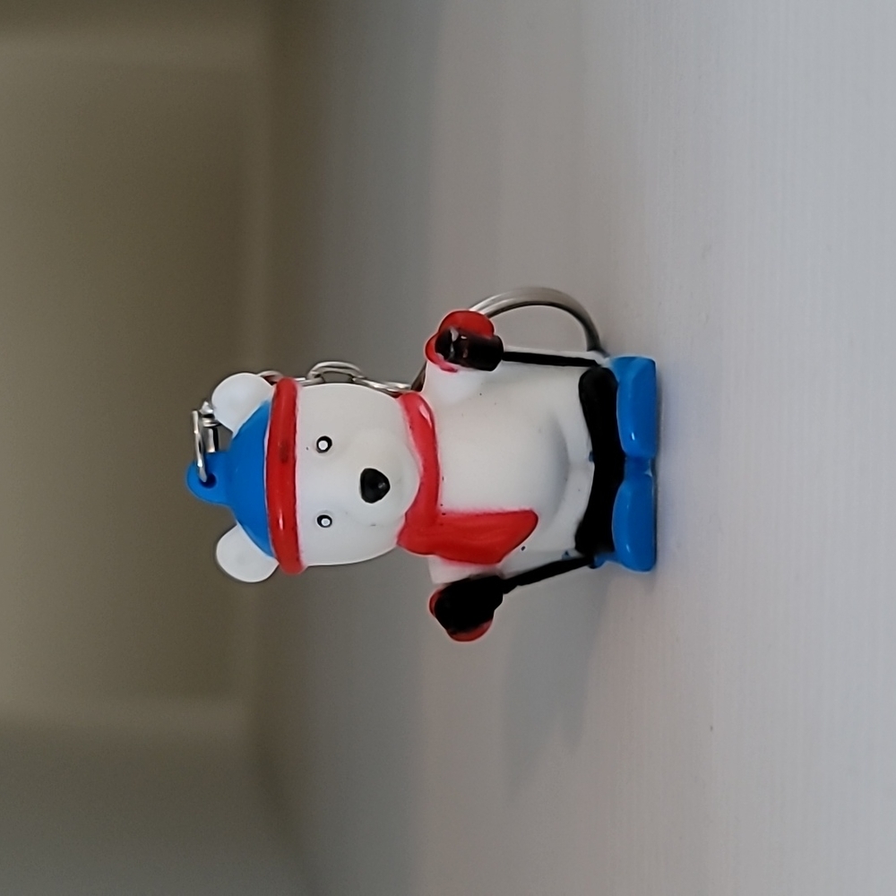 Vintage Old Cute Paws Polar Bear Keychain.  Bear as Skier